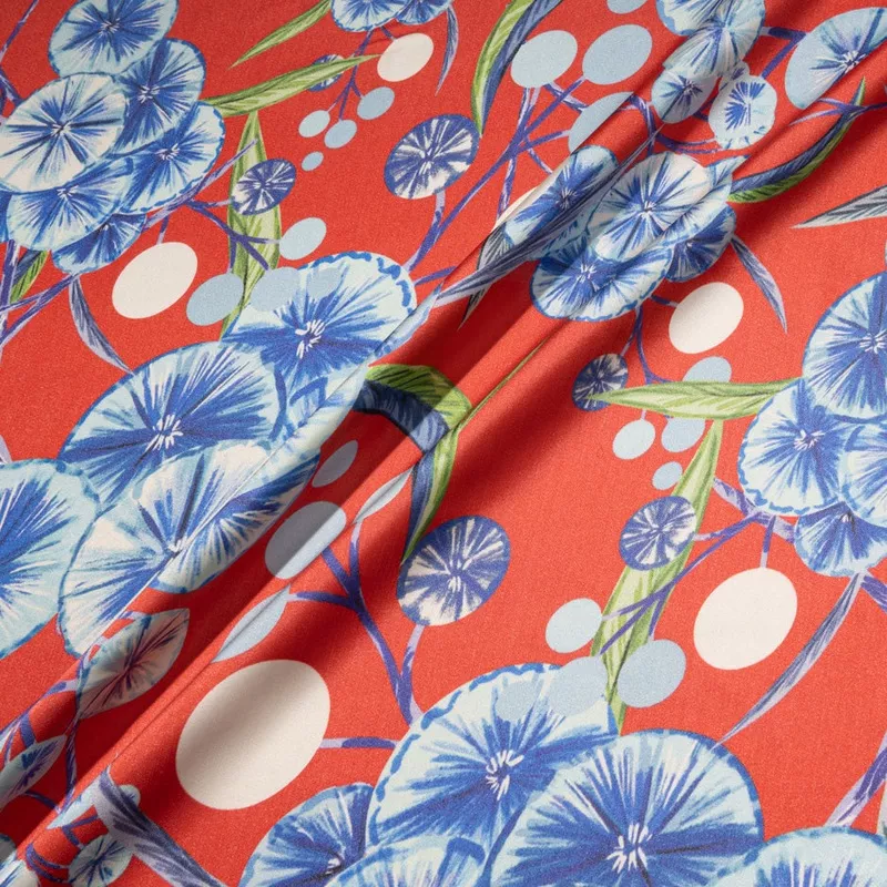 blue-floral-printed-red-double-silk-satin Blue Floral Printed Red Double Silk Satin