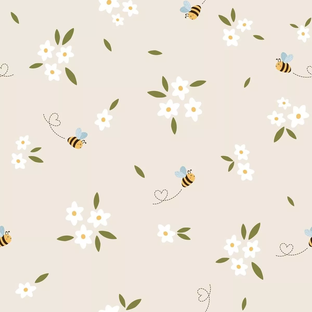 Cute Bees with Flowers Fabric – Tan