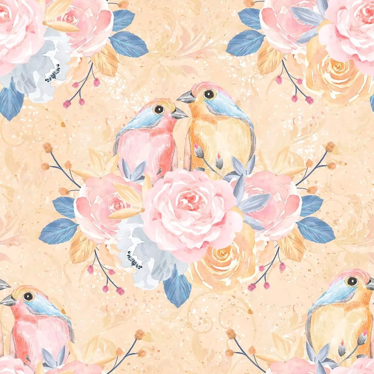 cute-birds-flowers-2-birds-fabric-yellow Cute Birds and Flowers 2 Birds Fabric – Yellow