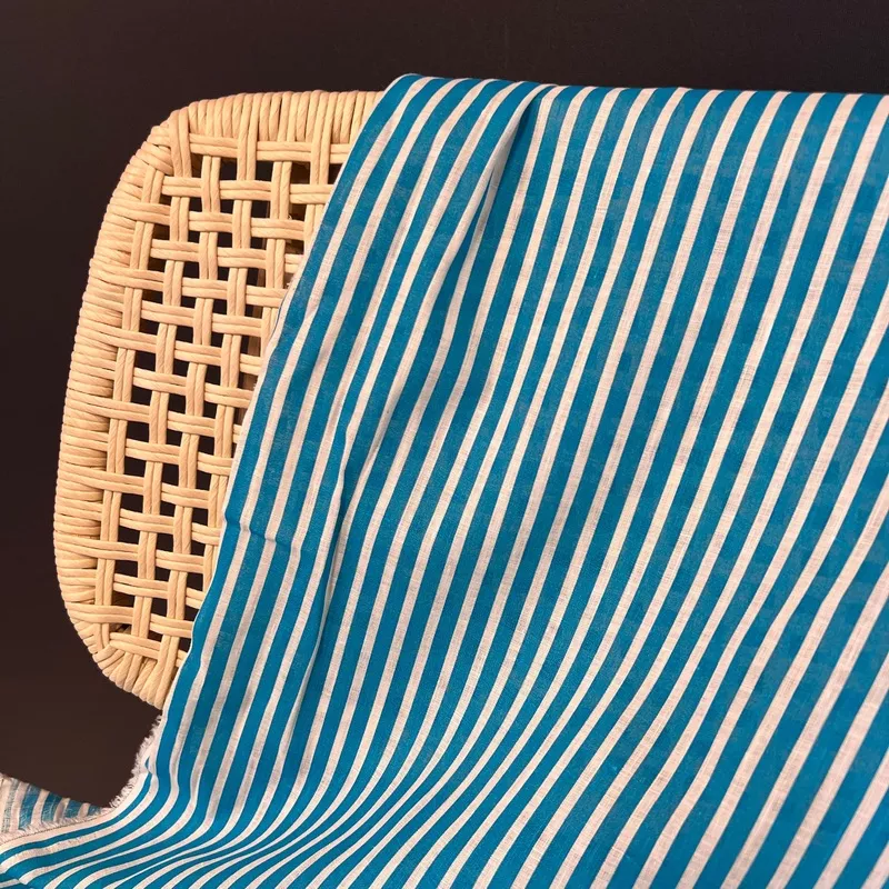 Deadstock – Printed Linen Stripe – Aqua and White