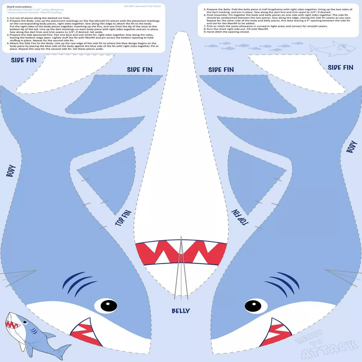 Fabric Northcott Shark Attack Minky Shark Panel MK28862-44