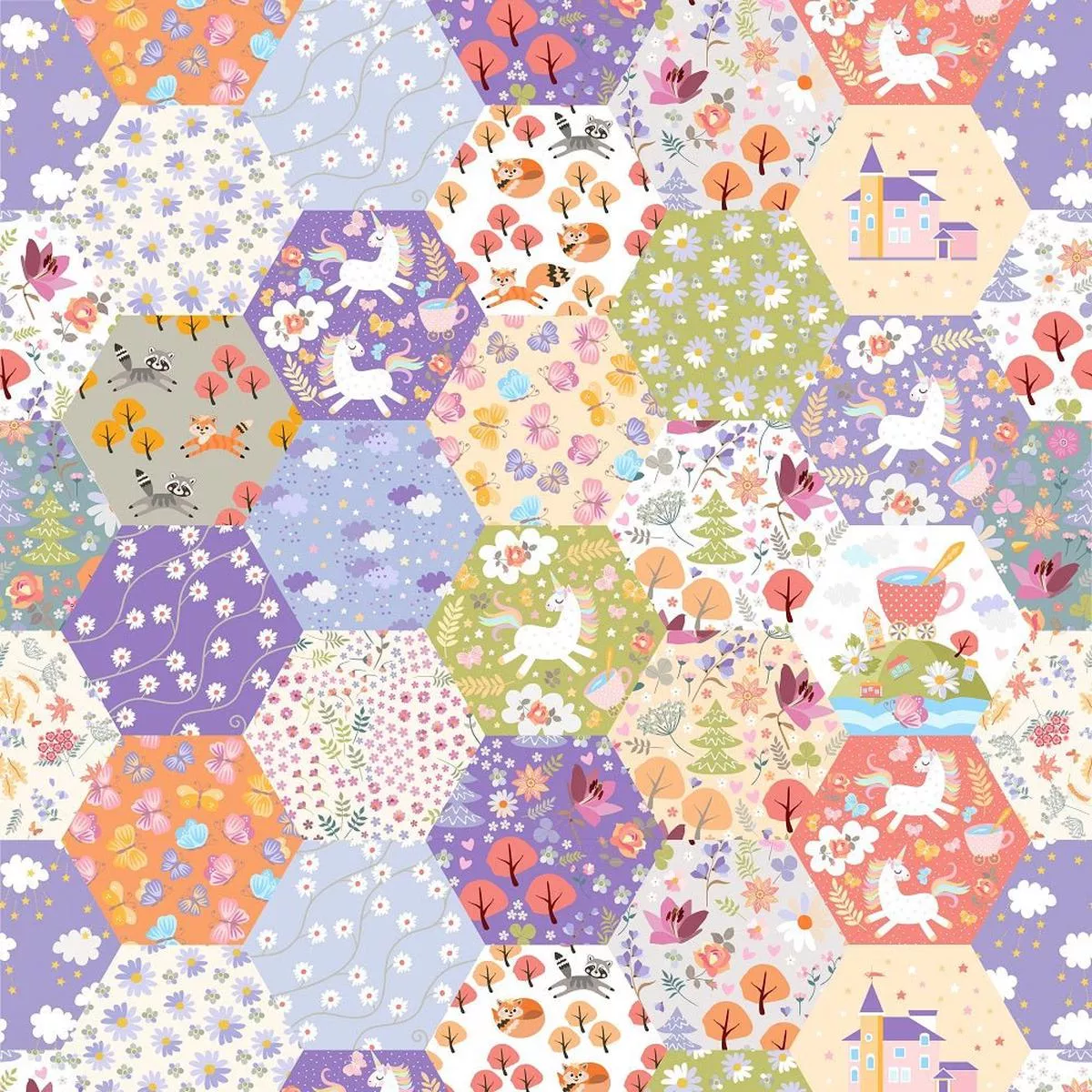 fairytale-patchwork-with-unicorns-butterflies-flowers-fabric Fairytale Patchwork with Unicorns, Butterflies and Flowers Fabric