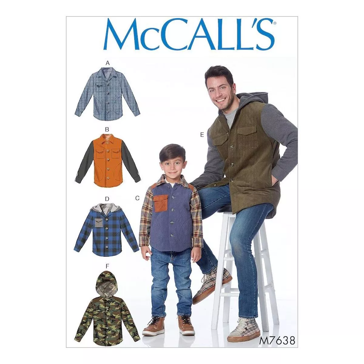 McCall’s Pattern M7638 Men’s and Boys’ Lined button-Front Jackets with Hood Options