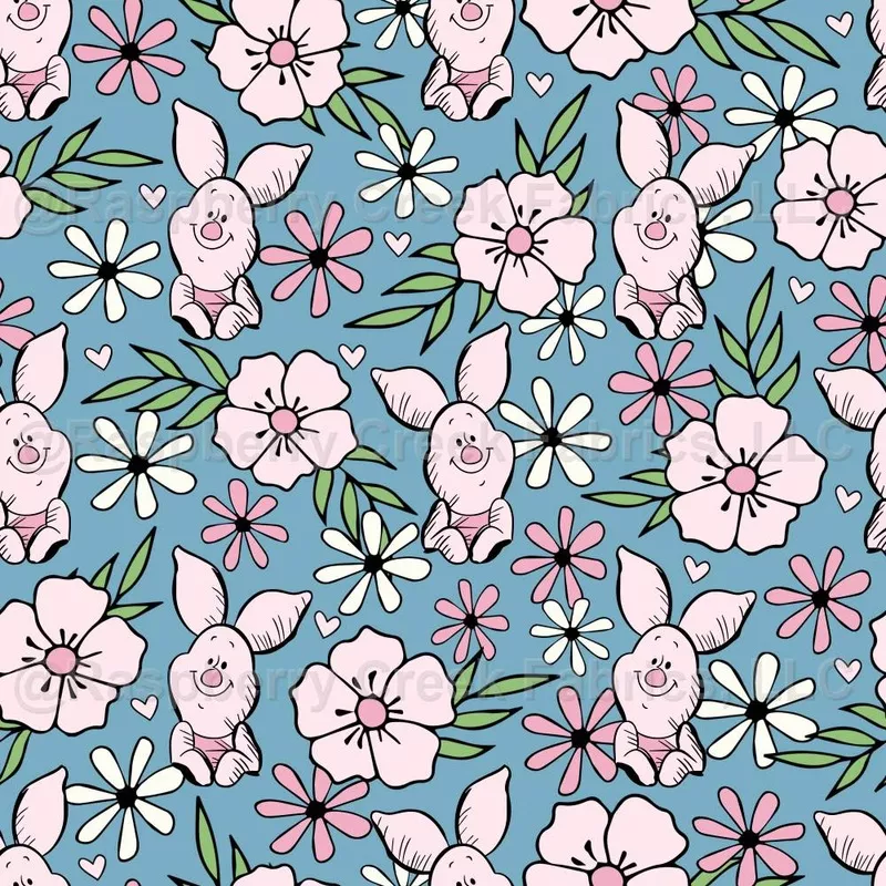Piglet Floral on Antique Blue