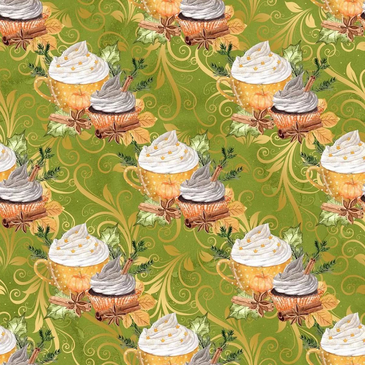 Pumpkin Spice Latte on Vines Fabric – Green