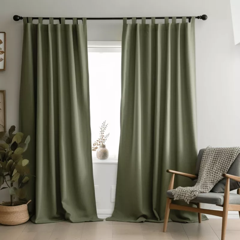 Sage Green Linen Tab Top Curtain Panel with Blackout Lining – Custom Width, Custom Length