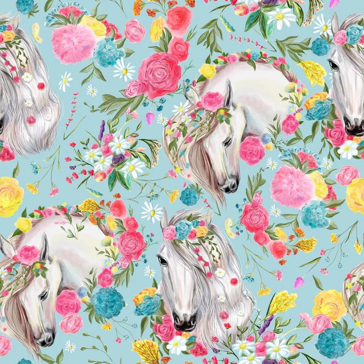 Vintage Floral Horses Pattern #1 Fabric – Blue