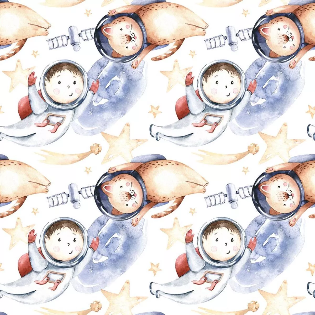 watercolor-cats-in-outer-space-fabric-white Watercolor Cats in Outer Space Fabric – White