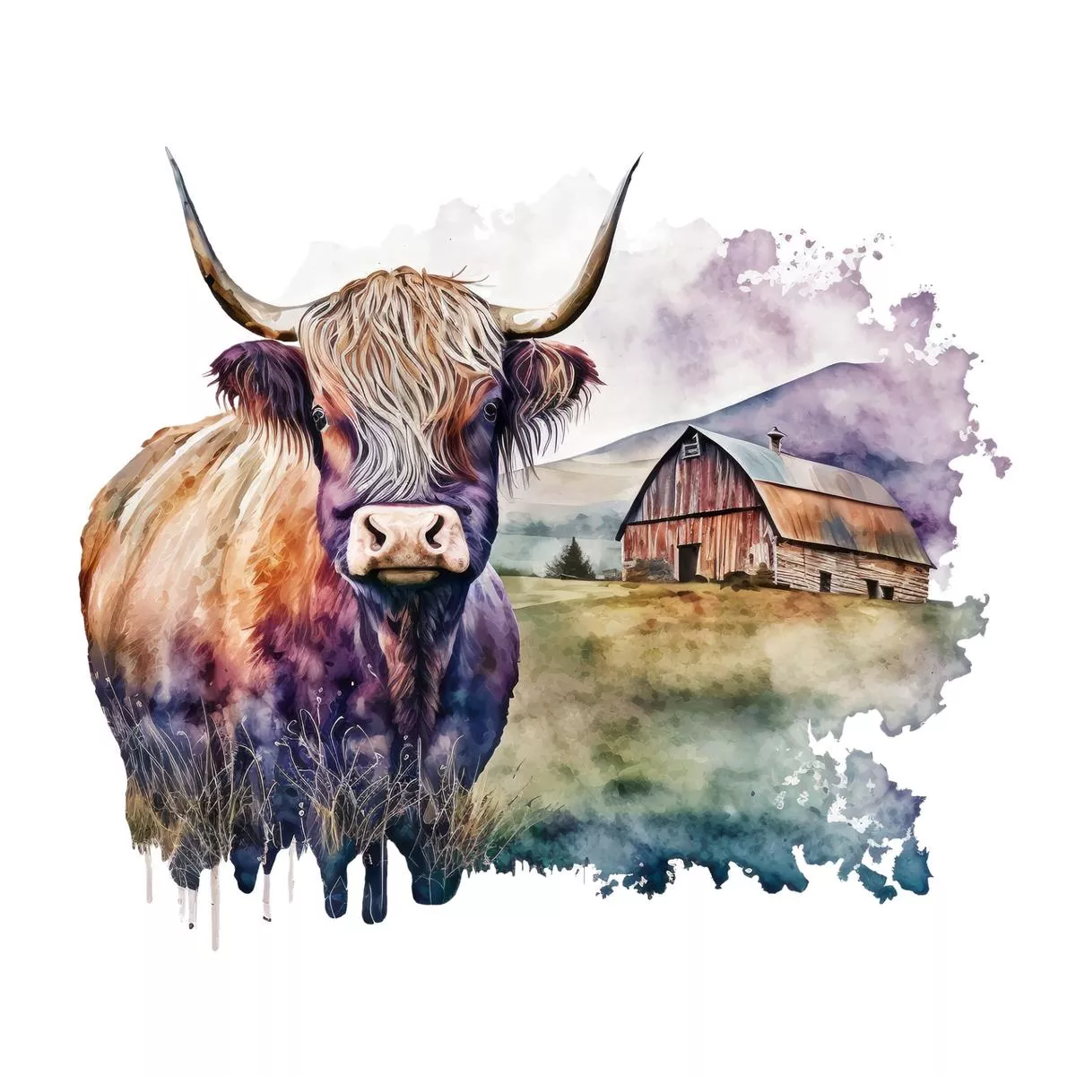watercolor-highland-cow-scene-10-fabric-panel Watercolor Highland Cow Scene #10 Fabric Panel