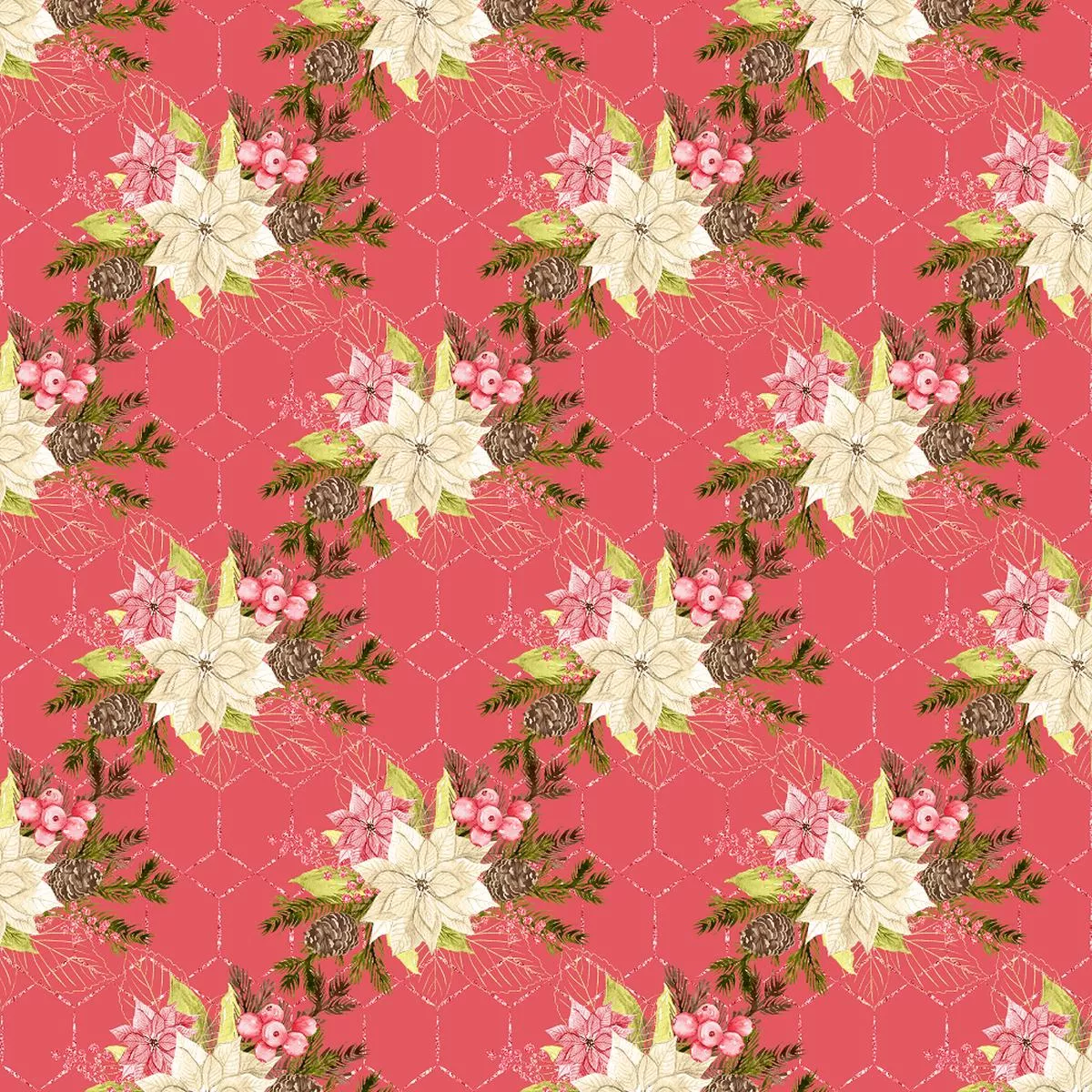 Winter Poinsettias On Hexagonal Fabric – Red